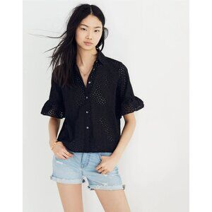 Madewell Black V Neck Button Front Eyelet Short Sleeve Blouse M